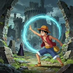 luffy in the harry potter universe far away at some ruins from a castle. a wizard is already there and summons a portal that would take me back home.