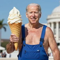 obese Joe Biden in a Speedo, holding a gigantic ice cream cone, award winning photo, trending on artstation, 8k