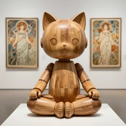 8k photorealistic ,a wooden sculpture art toys on feet very cute robot zen méditation with cat ears , a contemporary art gallery art  , sculpture by Alphonse Mucha