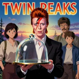 Twin Peaks poster artwork by Michael Whelan and Tomer Hanuka, Karol Bak, Rendering of David Bowie holding glass cake dome, from scene from Twin Peaks, full of details, by Makoto Shinkai and thomas kinkade, Matte painting, trending on artstation and unreal engine
