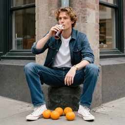 hugh hopper on a street corner sipping diet pepsi, oranges at his feet