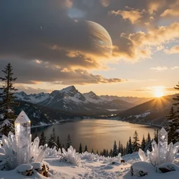 epic crystalline taiga with a lake, golden hour, distant mountains, atmospheric perspective, altostratus clouds, planets, cinematic, 3 5 mm lens, photographic, octane render, cinematography by roger deakins, in the style of ansel adams