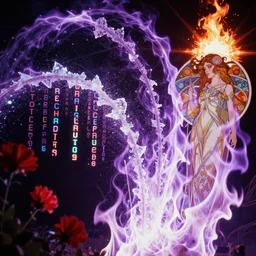 analog photo, she dreams of arcs of purple flame intertwined with glowing sparks, glinting particles of ice, dramatic lighting, steampunk, bright neon, secret holographic cyphers, red flowers, solar flares, high contrast, smooth, sharp focus, art nouveau, art by greg rutkowski and Alphonse Mucha