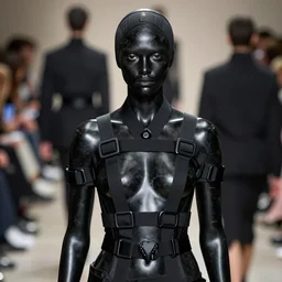 portrait photo of female statue wrapped in black nylon industrial straps with matte black cobra buckles designed by matthew williams, the statue is made out of black marble, depth of field, maison margiela, alyx 1 0 9 7 9 sm, latex, neoprene, nylon, matthew williams, givenchy, balenciaga, yohji yamamoto, japanese avant garde fashion, fashion, paris, runway, collection, beautifully lit, glossy, hd, 4 k, 8 k, extremely clear focus, sharp, award winning fashion photograph