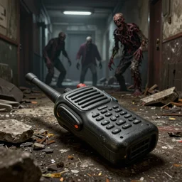 a walkie - talkie lies on the ground in rubble, macro perspective of the walkie - talkie, intricate details, dark interior of an old hallway, horrible angry zombies in the background, 8 k hyperdetailed, unreal engine, octane render, style of gta v artworks