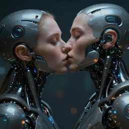 ultra realistic extreme close - up of a couple of cyborgs kissing, lovers, cyberpunk, sci - fi, fantasy, kodak, photorealistic illustration, colour led, soft light, volumetric lighting, night, intricate, highly detailed, digital painting, concept art, smooth, sharp focus, illustration, art by artgerm and greg rutkowski and alphonse mucha