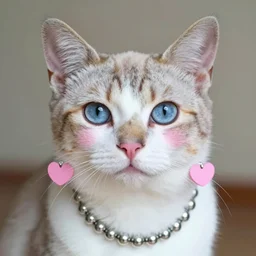 cat wearing pink earrings, silver beaded necklace, blue eyes, pink blush cheeks tattoo
