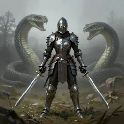 a matte painting, a helmeted female warrior, wearing battle worn biomechanical armor, wielding twin swords, a large snake monster in the mist, the forest plains of north yorkshire, good value control, concept art, digital painting, sharp focus, (((knight))), symmetrical, single character full body, 4k, illustration, glowing eyes, rule of thirds, centered, moody colors, moody lighting,