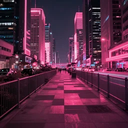 photograph, cyberpunk city at night, neon pink undertones, sidewalk view