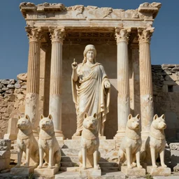 ancient greek shrine to a shiba inu god, marble dog statues, ancient ruins