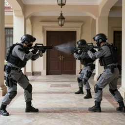 Mercenary Special Forces soldiers in grey uniforms with black armored vest and black helmets fighting inside a mansion in 2022, Canon EOS R3, f/1.4, ISO 200, 1/160s, 8K, RAW, unedited, symmetrical balance, in-frame, combat photography