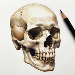 bloody skull, anatomical illustration, colored pencils and pen