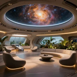 ultra modern concept design of a vast spaceship interior, futuristic chairs and sofas can be seen in the foreground, the warm light of a large nebula enters from a window, large plants in the background, in the style of Guardians of the Galaxy, wide angle shot, Leica Summicron-T 23 mm f/2
