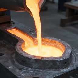 wide angle shot of molten metal being poured into a mold in the shape of a punisher skull emblem. background is firey foundry. detailed, high art, intricate, artisan
