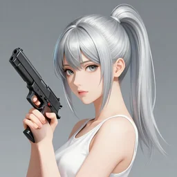 girl silver ponytail hair, holding a gun, trending on artstation, illustration by Yoji Shinkawa and Krenz Cushart, portrait