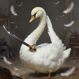 masterpiece oil painting, anthropomorphic bipedal white swan as a ninja that is holding a katana, as a dnd character, inside a cluttered dojo, floating feathers, extremely detailed, digital illustration, concept art, readability, smooth, sharp focus, art by brothers hildebrandt