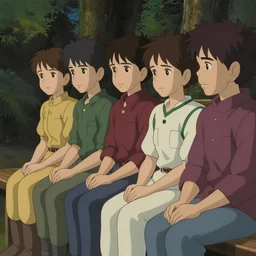 a family with sorrow faces sitting on a bench, close up shot, anime art, Greg Rutkowski, studio ghibli, dramatic lighting