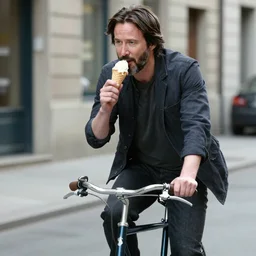 Keanu Reeves riding a bike eating ice cream