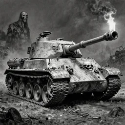 b & w inks abandoned skull panzer tank, medical, dystopian, by wayne d barlowe, h r giger, simon bisley & boris vallejo, enric torres, hyper realism, narrative light, muted colors, epic, hyper detailed, awe inspiring, award winning horror, torch lighting, hyper realism, cinematical