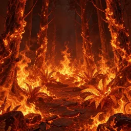 A flaming forest , flaming leaves,Magma,flame stones are scattered, flame ferns, flame shrubs, huge flame Fantasy plant,covered in flame porcelain vine,artstation