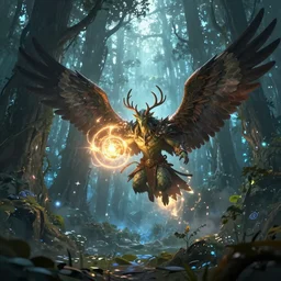 A make druid, with antlers on his head and large hawk wings, casting a powerful glowing spell in the middle of an enormous, enchanted forest, dreamscape, dramatic lighting, fantasy art illustration, trending on artstation, Aetherpunk