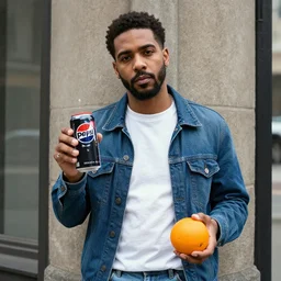 hugh hopper on a street corner holding diet pepsi in one hand and an orange in his other hand