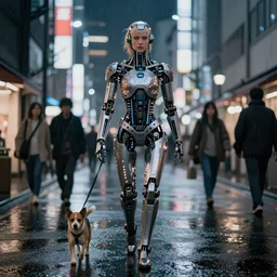cyborg woman, industrial designed, machined parts, illuminated micro led light circuits, walking dog in public, cinematic, raining, tokyo, streets, night, highly detailed, photographic, centered, by saroyama and greg rutkowski and james gurney