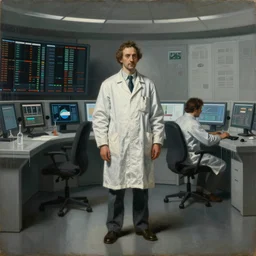 a contemporary painting of a single scientist in a white coat stands in a large control center by caravaggio, glitches, drips