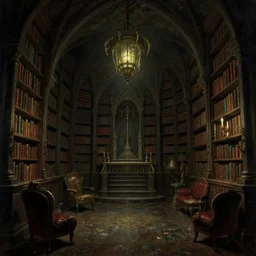 dark sinister vampire lair interior by Martin Johnson Heade, library, adventure game, inspired by Diablo concept art