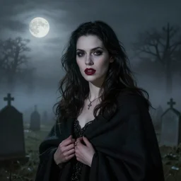 Riveting Charismatic brunette female vampire, portrait, atmospheric lighting, painted, intricate, Highgate cemetery, blanket of low hanging fog, volumetric lighting, beautiful, moon light, sharp focus, ultra detailed, by Leesha Hannigan, Ross Tran, Thierry Doizon, Kai Carpenter, Ignacio Fernández Ríos