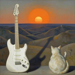 a deeply receding landscape of cat faced hills, the sun is a glowing orange bird, a marble sculpture of a fender stratocaster casts a long dark shadow over the landscape by henri rousseau masterpiece, beautiful, great spatial depth