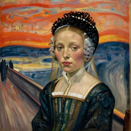 portrait of young woman in renaissance dress and renaissance headdress, art by edvard munch