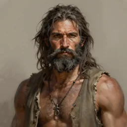 painted portrait of rugged homeless hobo man by ruan jia greg rutkowski, uncempt beard and hair, clear face muscular masculine manly mature powerful sensual handsome hobo homeless fantasy intricate elegant detailed digital painting, complementary colours, concept art artstation sharp focus illustration