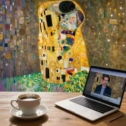 good morning, peaceful, serene, sunny, coffee, laptop, social media. painting by egon schiele and gustav klimt