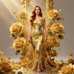 perfectly - centered!! looking at the camera!!! full body portrait of christina hendricks with roses, bright lighting, godrays, golden, baroque style, roses, intricate abstract upper body intricate artwork, by tooth wu, wlop, beeple, dan mumford. concept art, octane render, deviantart, greg rutkowski, cinematic arthouse, key art, hyper realism, iridescent accents