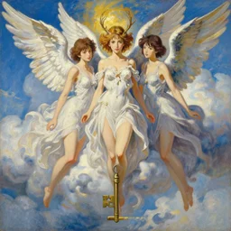 baroque oil painting of key visual victoria secret angels, clouds, brutalist fantasy, rule of thirds golden ratio, fake detail, trending pixiv fanbox, acrylic palette knife, style of makoto shinkai takashi takeuchi yoshiyuki sadamoto