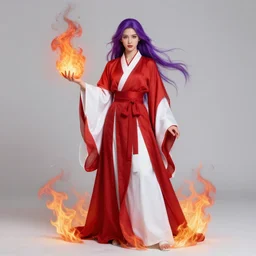 full body portrait of the goddess of fire and thunder, robes, red and white, beautiful, violet hair, glowing eyes, stunning, high fantasy, extremely detailed, smooth, sharp focus, digital illustration, by rossdraws, frank fanzzeta, sakimichan