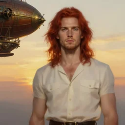 realist portrait painting of a handsome face rugged waist length crimson hair male captain minimalist clothing upper body soft flowing hair elegant steampunk wood brass ornate mechanical zeppelin airship in upper left corner background sky sunset golden hour fantasy rugged character art atmospheric lighting art by mullins rutkowski bussiere