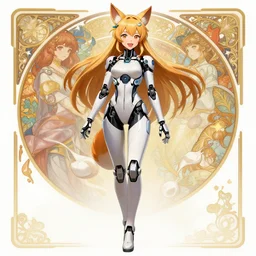 beautiful anime cybernetic kitsune woman, hourglass slim figure, attractive features, full body portrait, happy smile, highly detailed, digital painting, artstation, concept art, sharp focus, illustration, art by artgerm and greg rutkowski and alphonse mucha