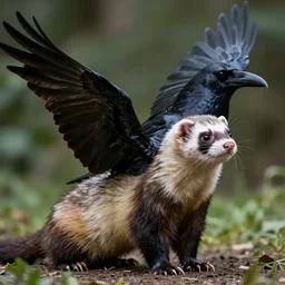 photograph of a creature with the body of a ferret, wings and beak of a raven.