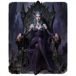 a highly detailed color illustration portrait of a female tiefling sitting on throne in dark eerie castle setting, art by michael whelan, frank frazetta