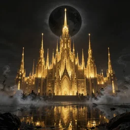 the golden spires of the carcosa palace are illuminated by huge black sun, and the lake reflecting yhtill's remnants curled gunsmoke. 8 k, bloodborne cg style, unreal engine 5
