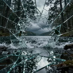 lake with waves and mirrors, shattered glass textures, mirrored reflections, cinematic, filmic, detailed and intricate, elegant, ornate, realistic, stormy, ominous, portal, dimensions, true detective, forest, kaleidoscope
