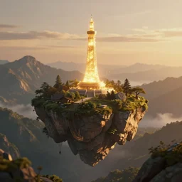a photo of a floating island with a heavenly glowing tower on it, digital art, golden hour, low depth field, mountains, realistic