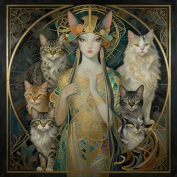 breathtaking detailed concept art painting art deco portrait of a feline goddess amalgamation cats, by hsiao - ron cheng, bizarre compositions, exquisite detail, extremely moody lighting, 8 k