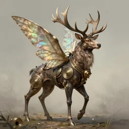 steampunk mythical beast with fairy wings and elk antlers by karol bak and rebecca guay