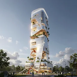 sustainable architecture skyscraper playground, unreal 5, daz, hyperrealistic, octane render cinematic volume inner glowing aura global illumination ray tracing hdr