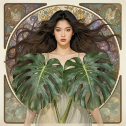Asian, beautiful , queen of the monstera, symmetrical face, symmetrical body, artgerm, flowing hair, portrait, muted colors, character concept art, border and embellishments inspiried by alphonse mucha, fractals in the background, galaxy, hyper realism