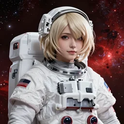 highly detailed portrait of a hopeful pretty astronaut lady with a wavy blonde hair, by Akihiko Yoshida, 4k resolution, nier:automata inspired, bravely default inspired, vibrant but dreary but upflifting red, black and white color scheme!!! ((Space nebula background))