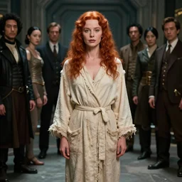 young lauren bacall as redhead mad mother in a ragged bathrobe : costume design concept for a scifi film. by greg rutkowski, john j. park, jason chan, noah bradley, feng zhu, gustave courbet, rosa bonheur, edward hopper. sharp focus, cinematic atmosphere, detailed and intricate, perfect anatomy